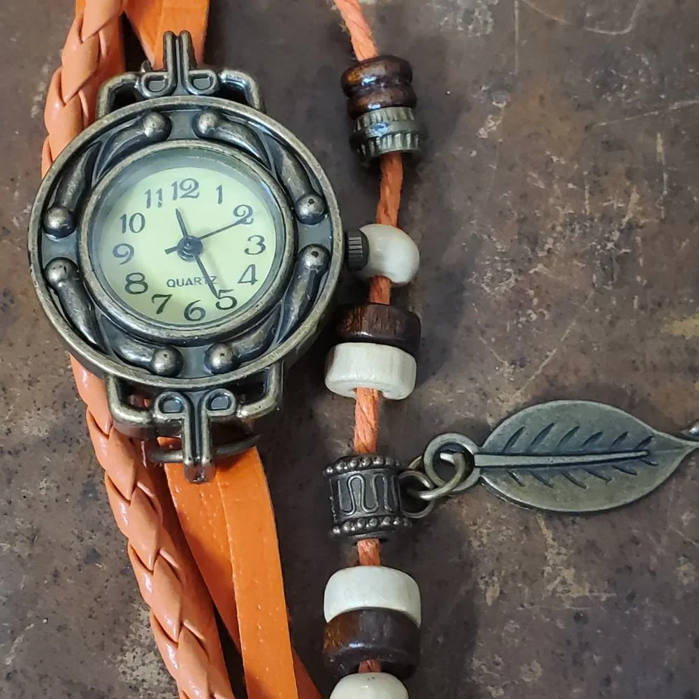 Beaded Bracelet Boho Watch - Leaf Charm - Orange - Picture 6 of 9